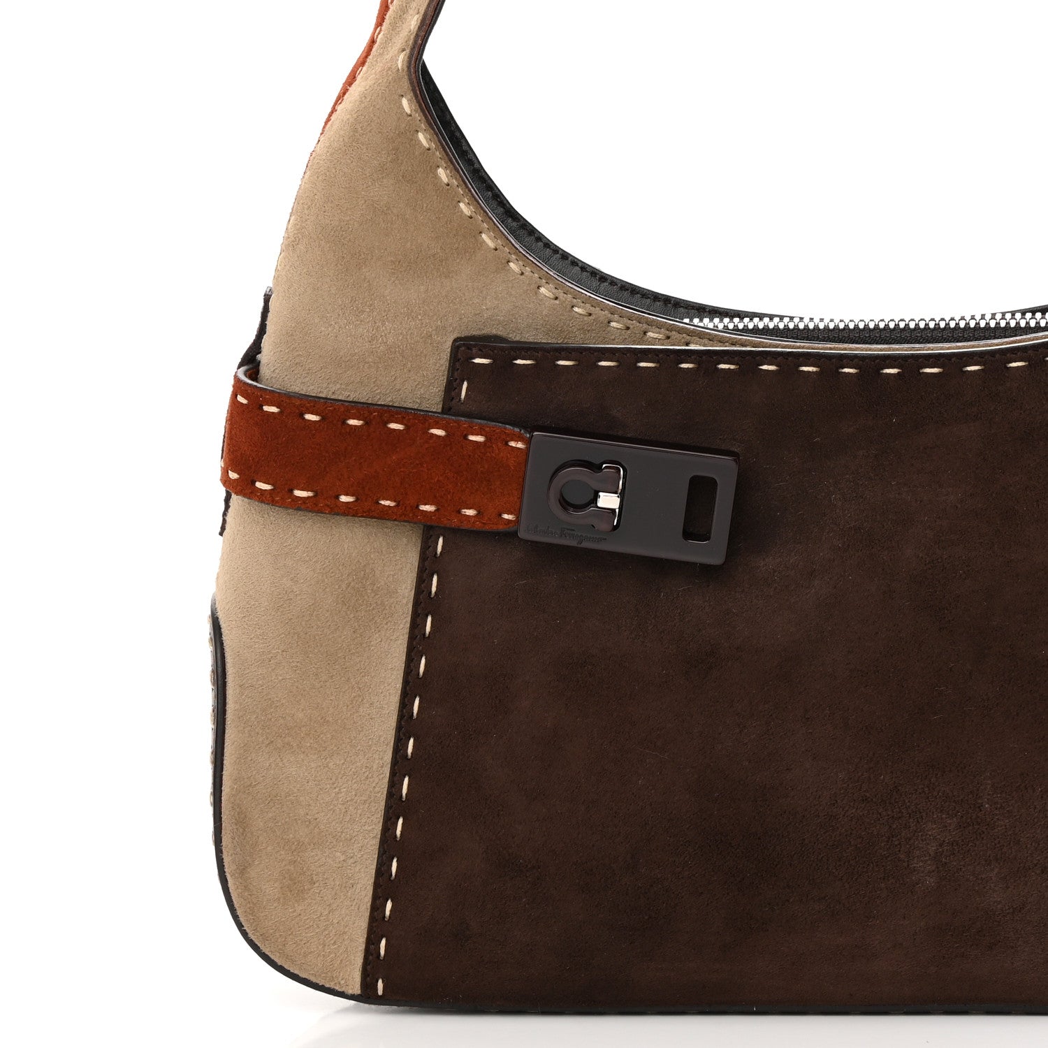 Salvatore Ferragamo Suede Stitched Patchwork Arch Gancio Shoulder Bag Brown 7 of 12