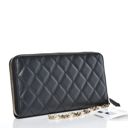 Chanel Lambskin Zip Around Large Gusset Wallet With Pearl Chain Black 3 of 9