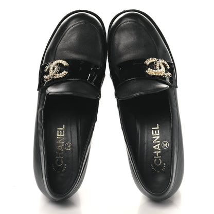 Chanel Lambskin Pearl Crystal Quilted CC Loafers 40 Black 2 of 11