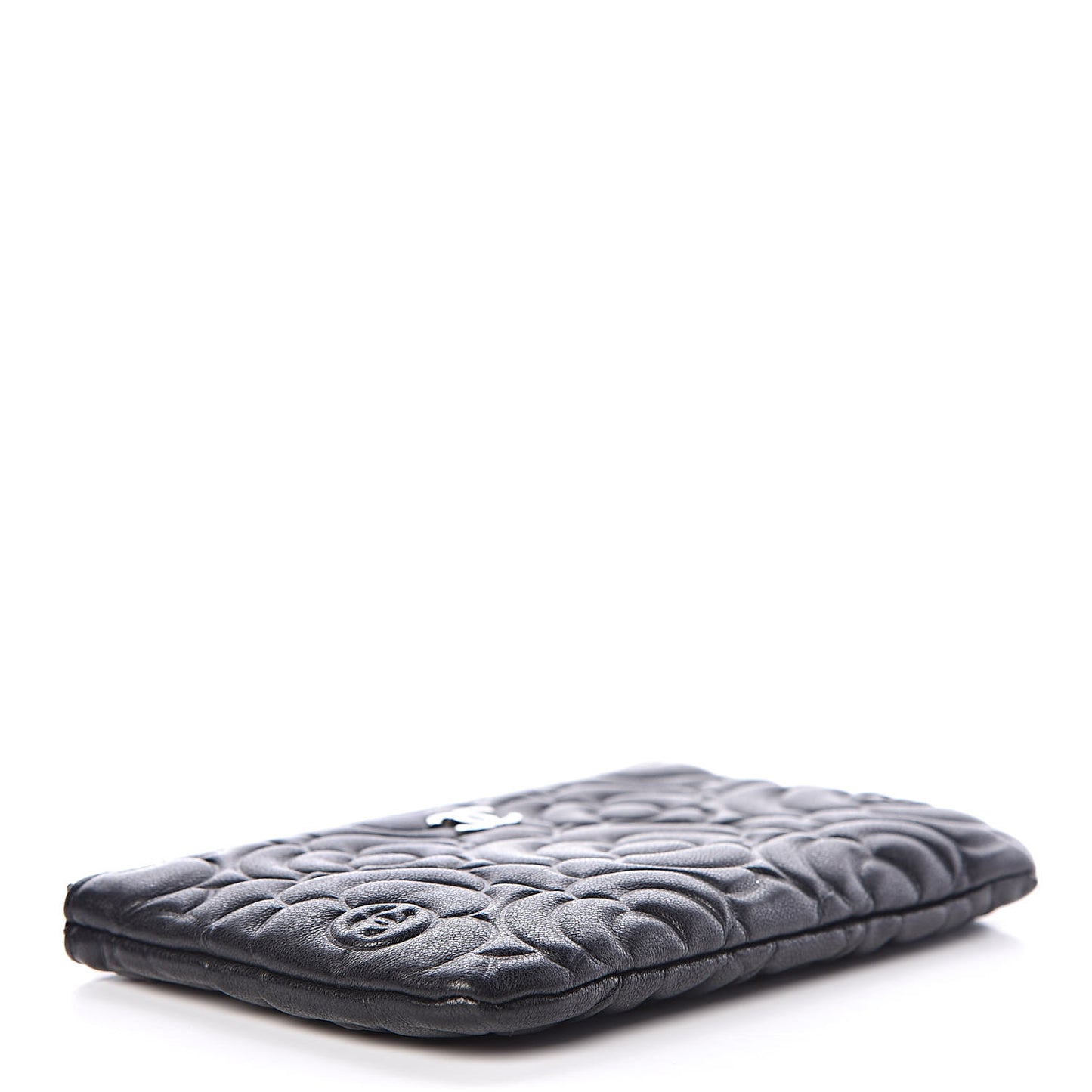 Goatskin Camellia Embossed Cosmetic Pouch Black