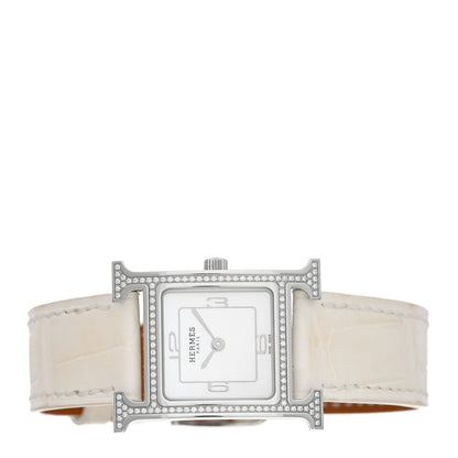 Hermes Stainless Steel Alligator Diamond Bezel Mother of Pearl 21mm Heure H Hour Quartz Watch Blanc 2 of 5