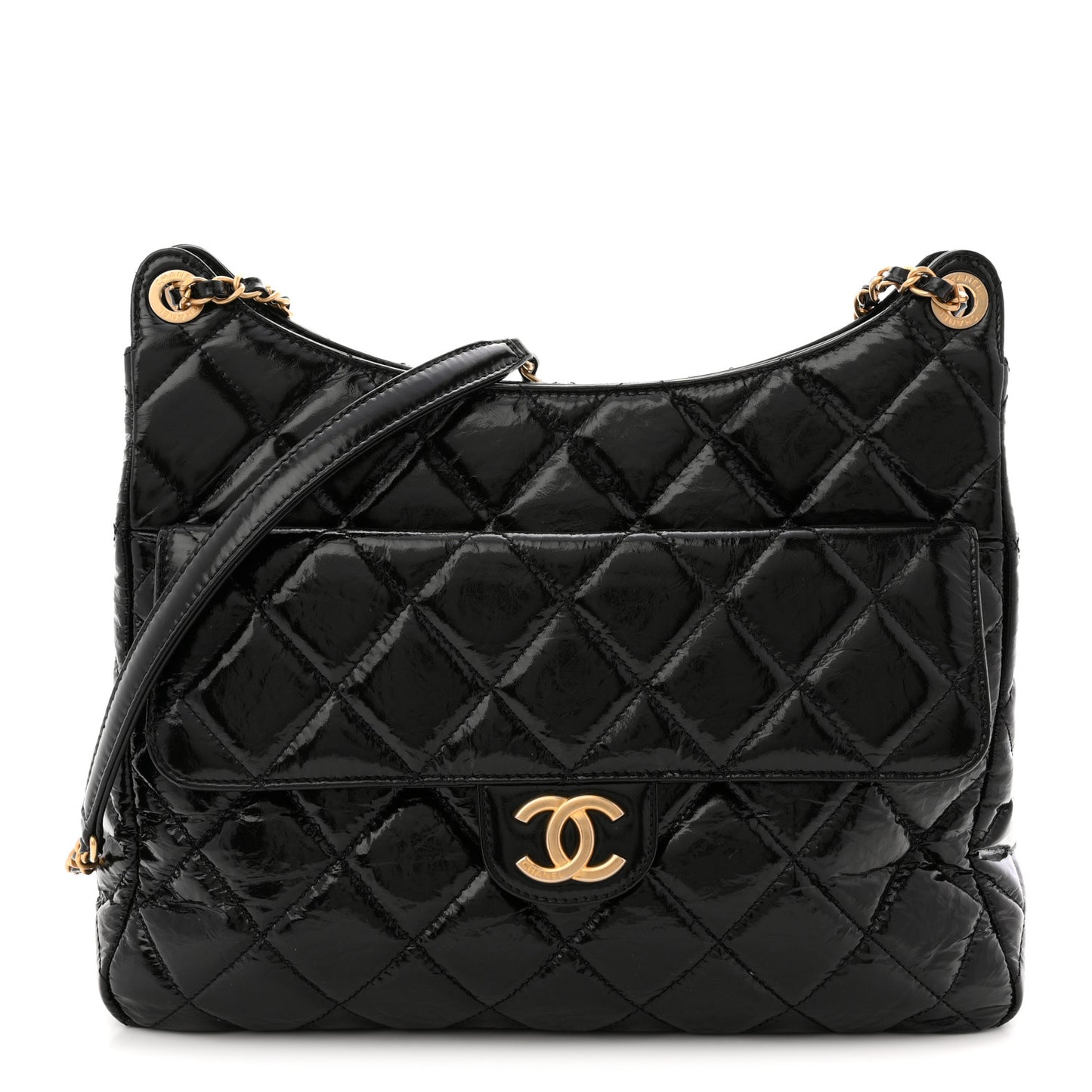 Shiny Crumpled Calfskin Quilted Large Wavy CC Hobo Black