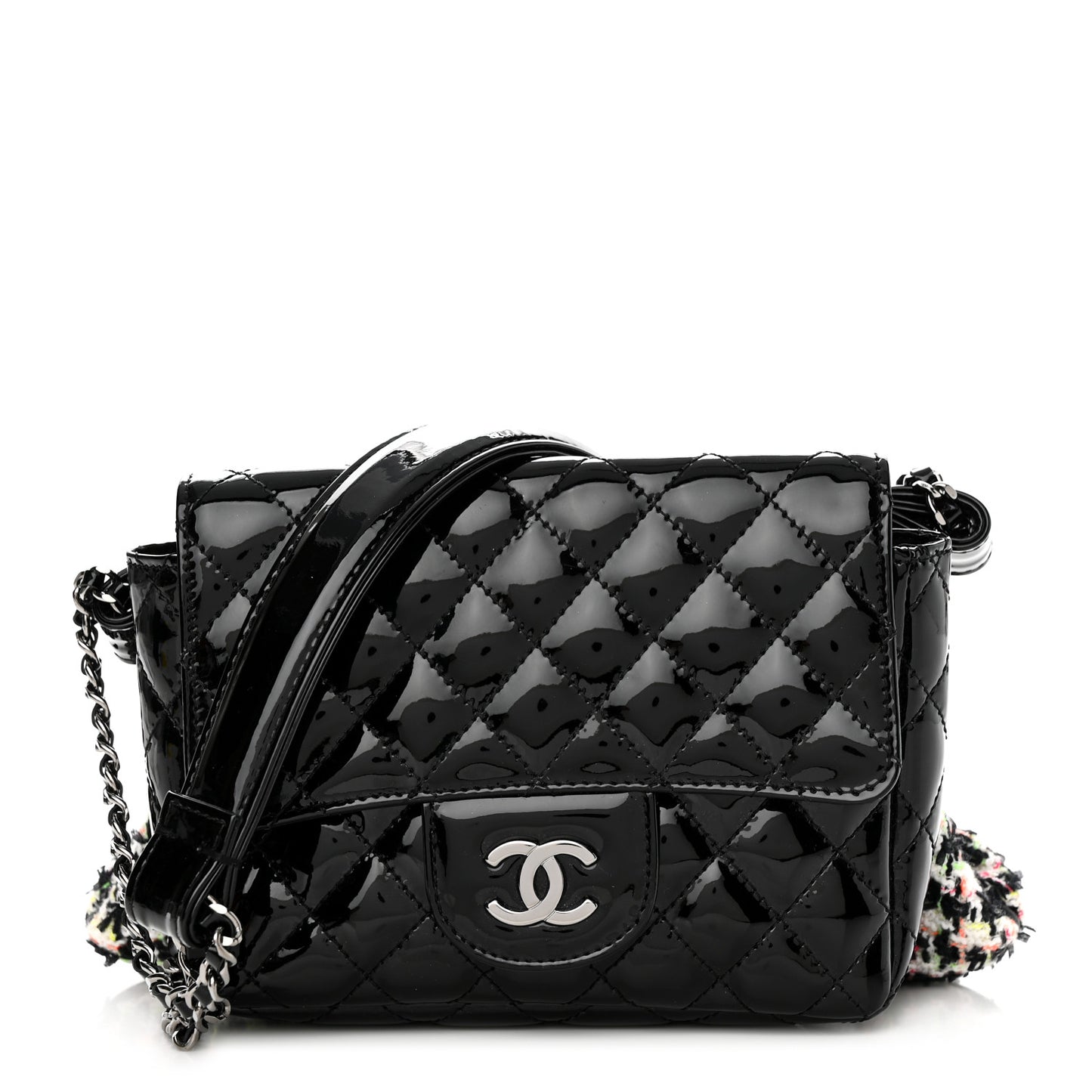 Patent Tweed Mini Kiss Lock Flap Double Bag Black Multicolor