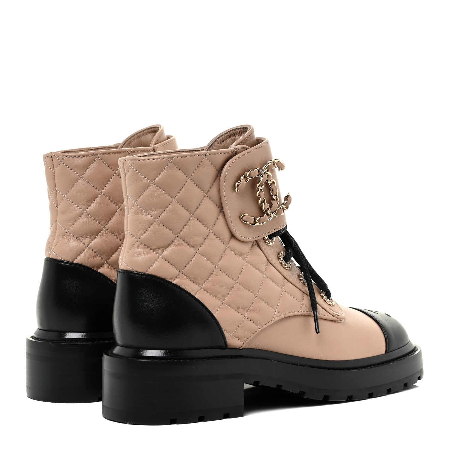 Chanel Lambskin Calfskin Quilted Lace Up Combat Boots 36 Beige Black 4 of 13
