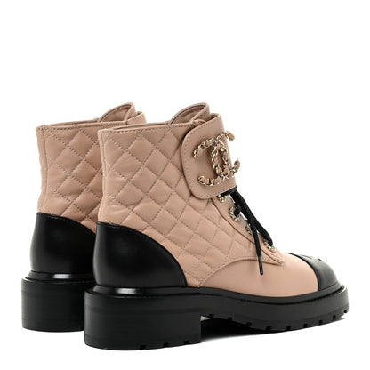 Chanel Lambskin Calfskin Quilted Lace Up Combat Boots 36 Beige Black 4 of 13