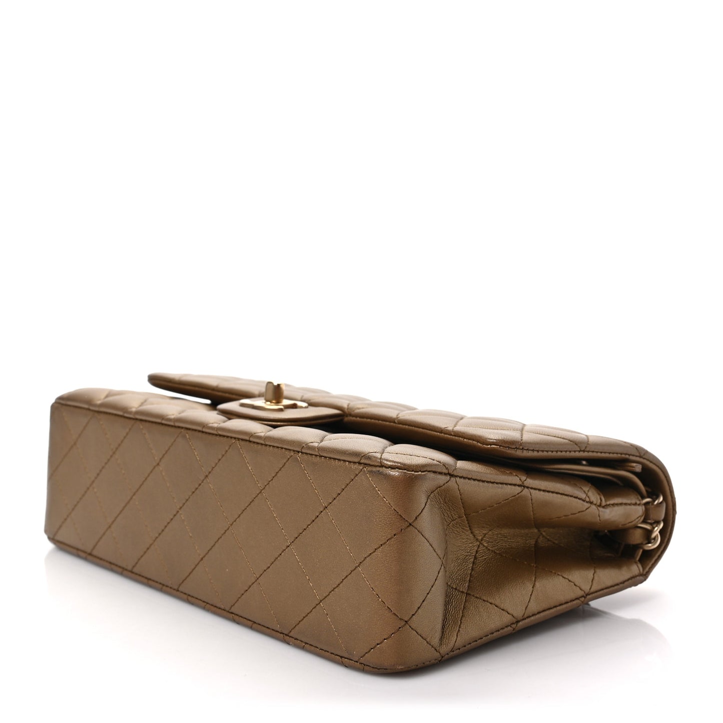 Metallic Lambskin Quilted Medium Double Flap Khaki