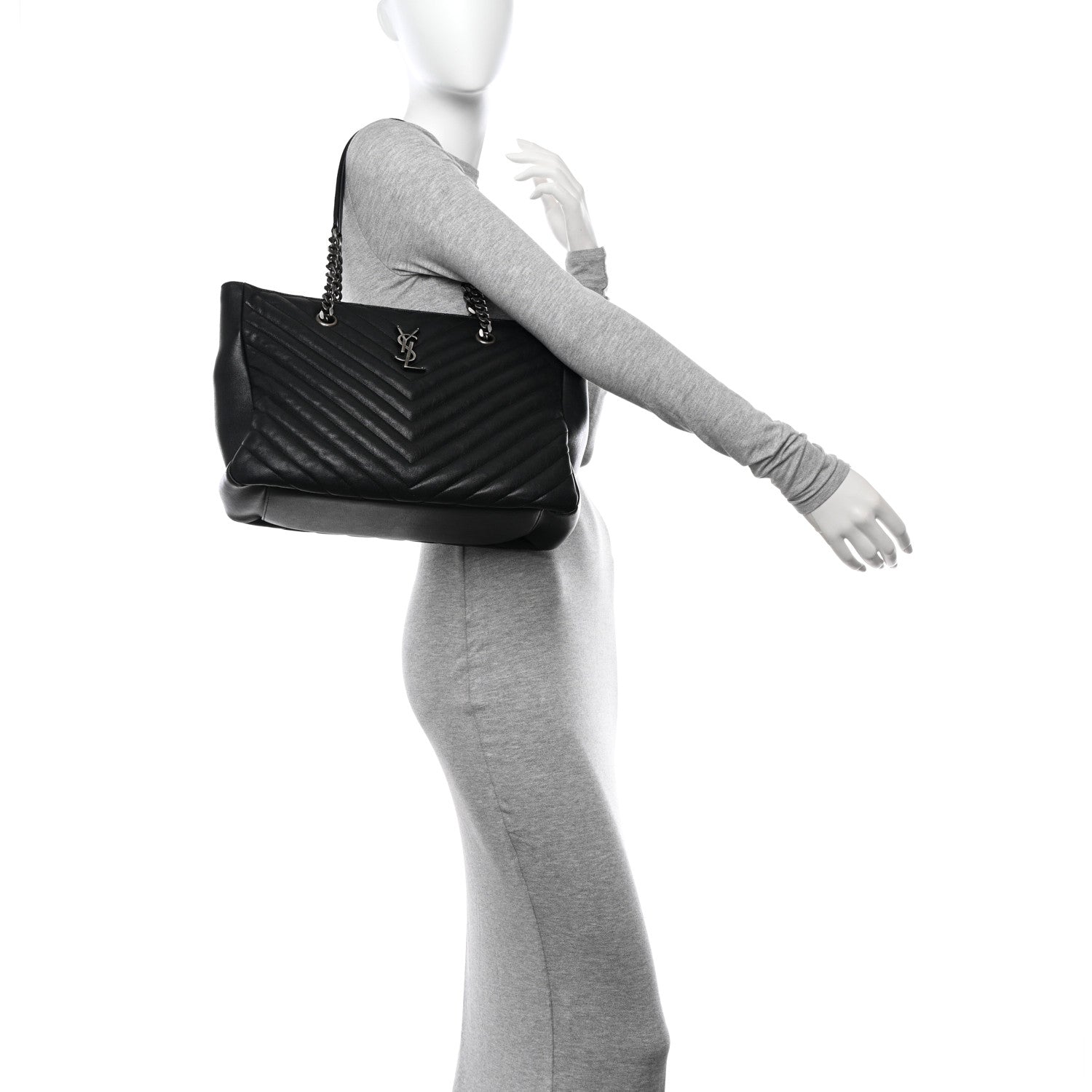 Saint Laurent Sheepskin Matelasse Chevron Large Monogram Shopping Bag Black 2 of 9