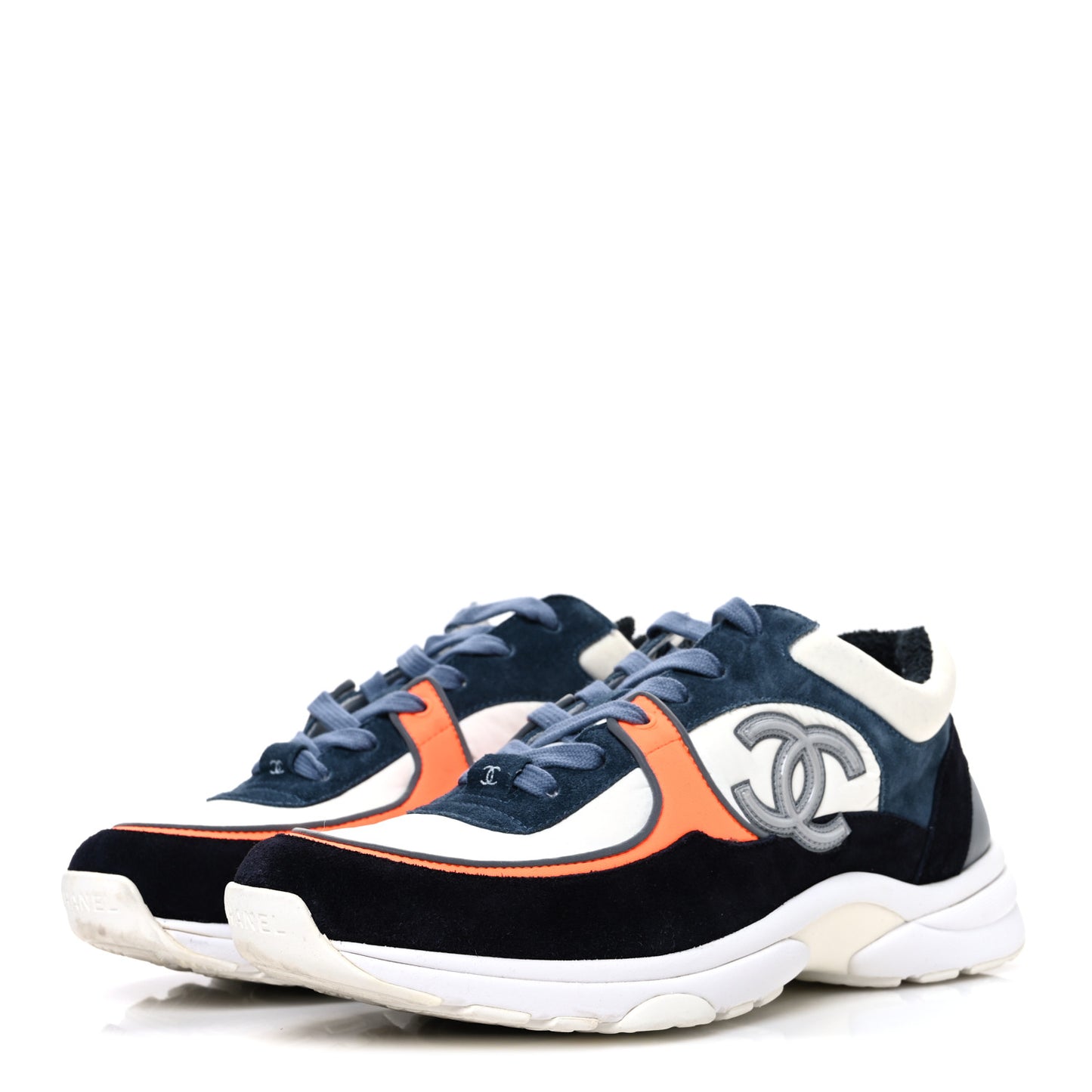 Nylon Calfskin Suede CC Womens Sneakers 40 Navy White Orange