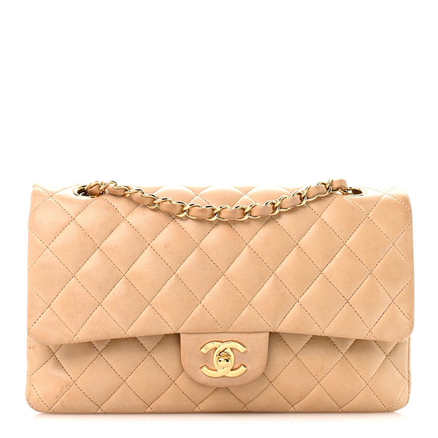 Lambskin Quilted Medium Double Flap Beige