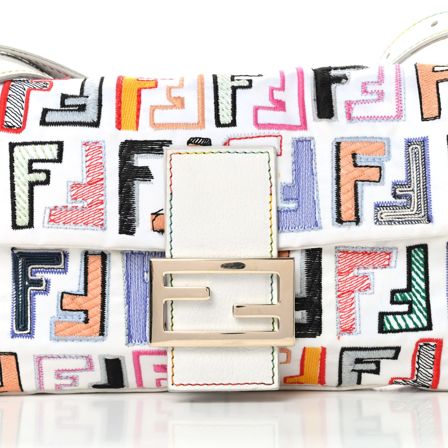 Nylon FF Multicolor Embroidered Baguette Multicolor White