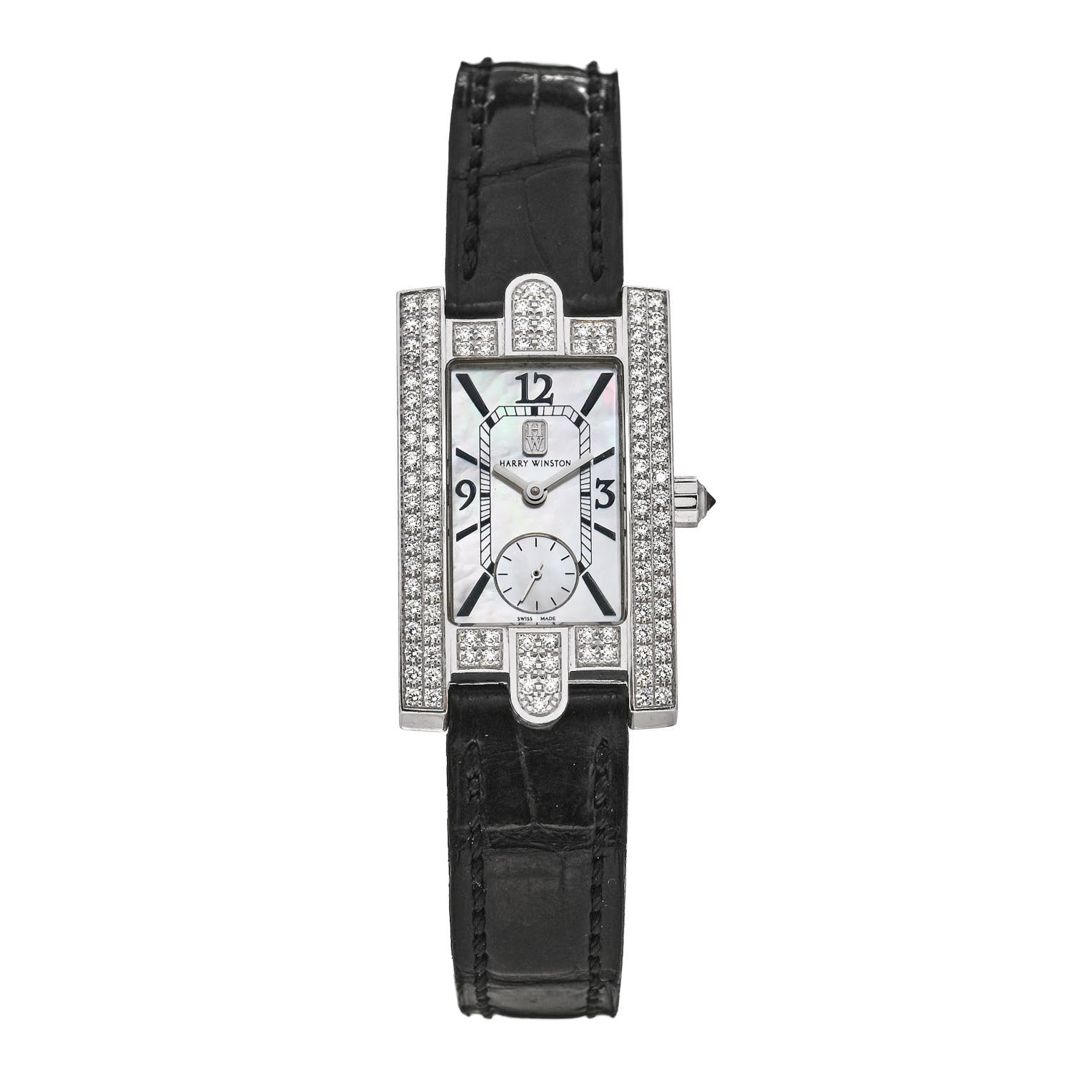 Harry Winston 18K White Gold Alligator Diamond Mother of Pearl 21mm Avenue Quartz Watch 1 of 4