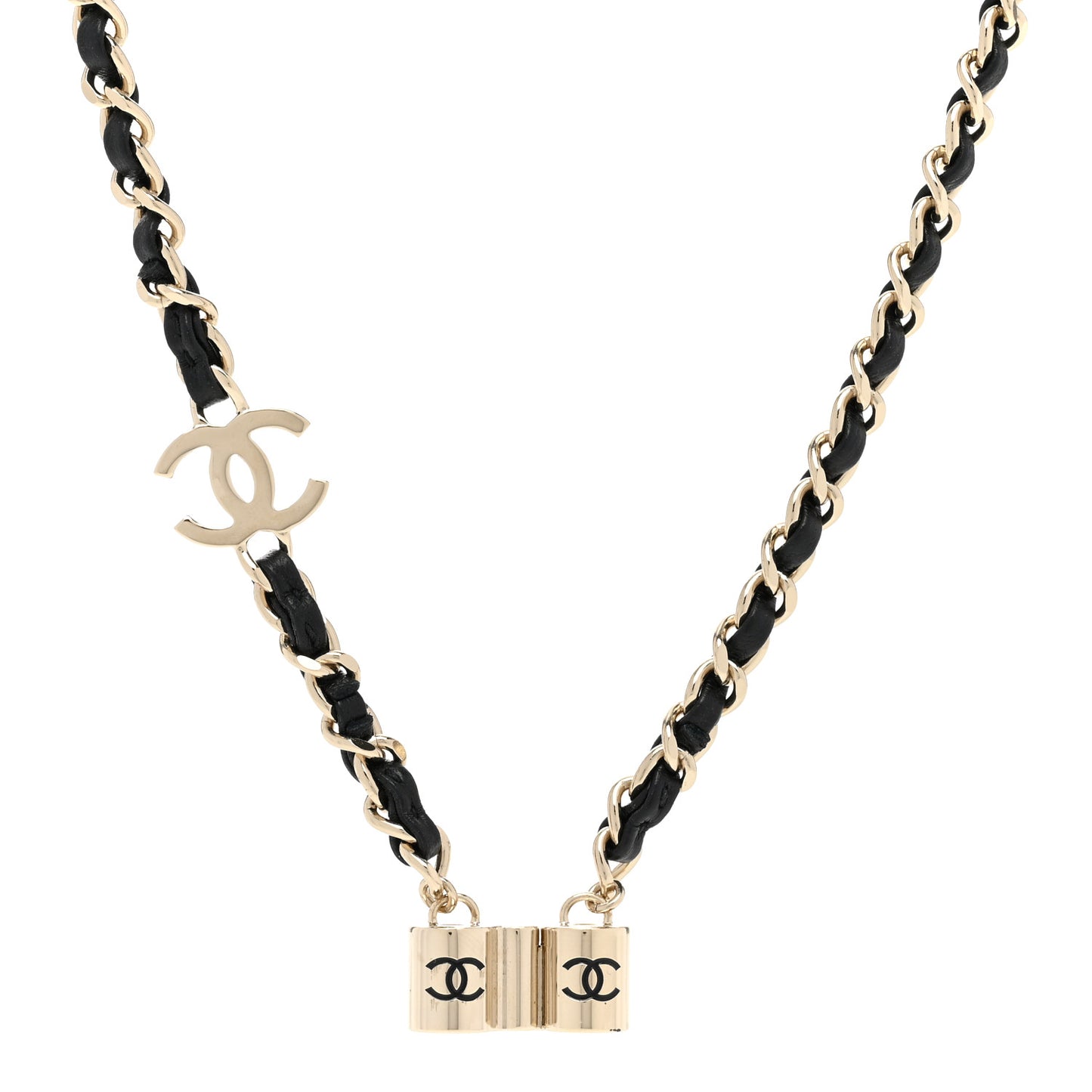 Metal Lambskin CC AirPods Necklace Gold Black