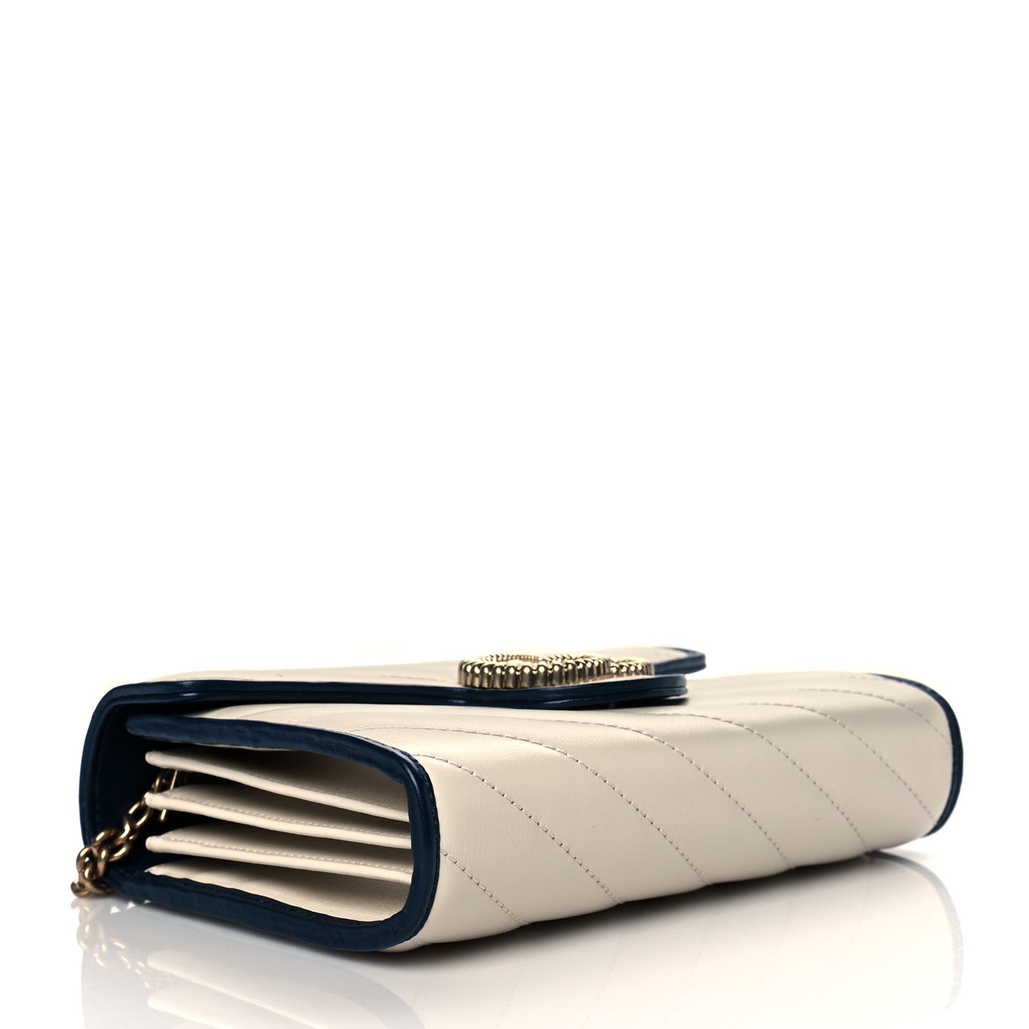 Vintage Effect Calfskin Matelasse Diagonal Torchon GG Marmont Chain Wallet Mystic White Blue Agata