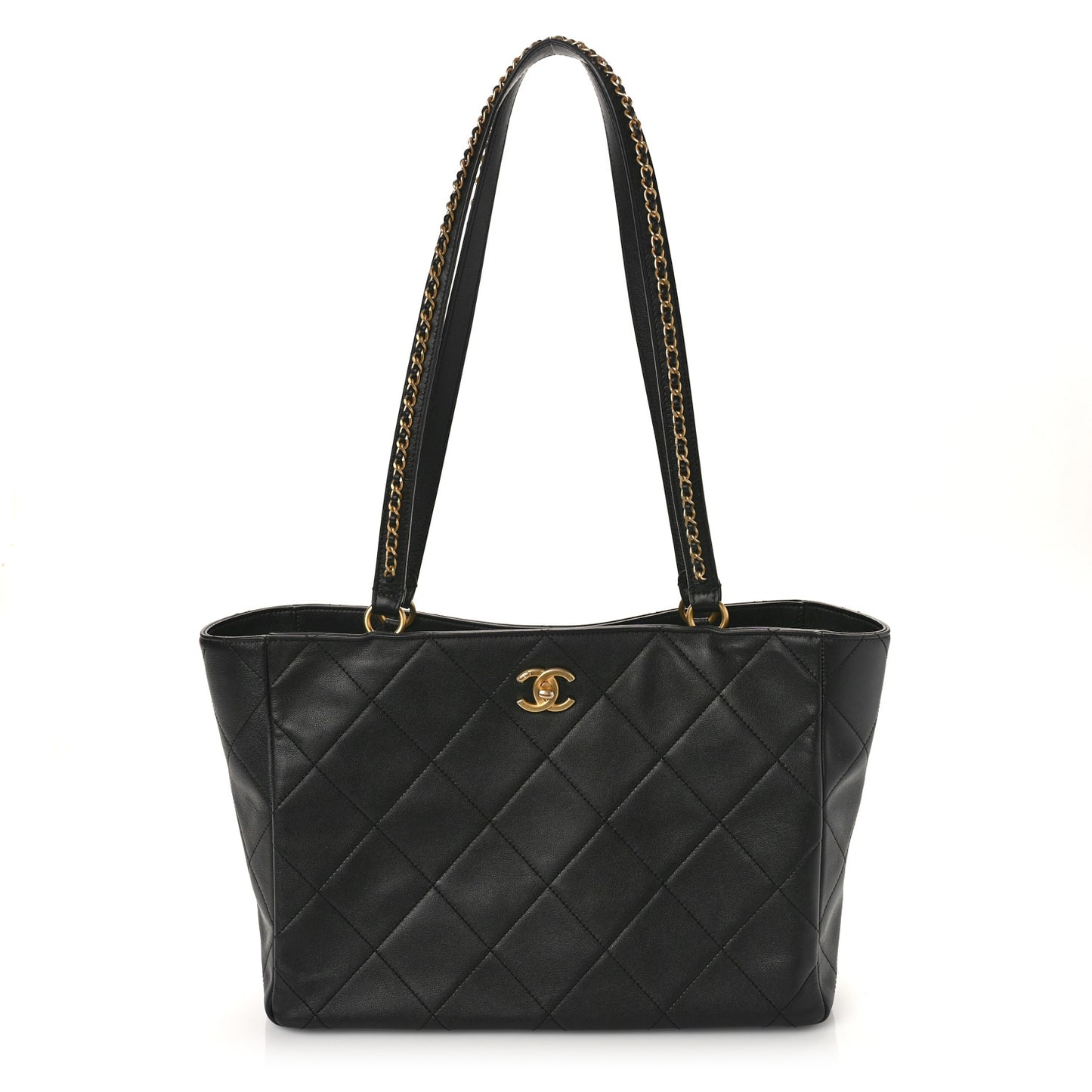 Calfskin Quilted Chain Shopping Tote Black