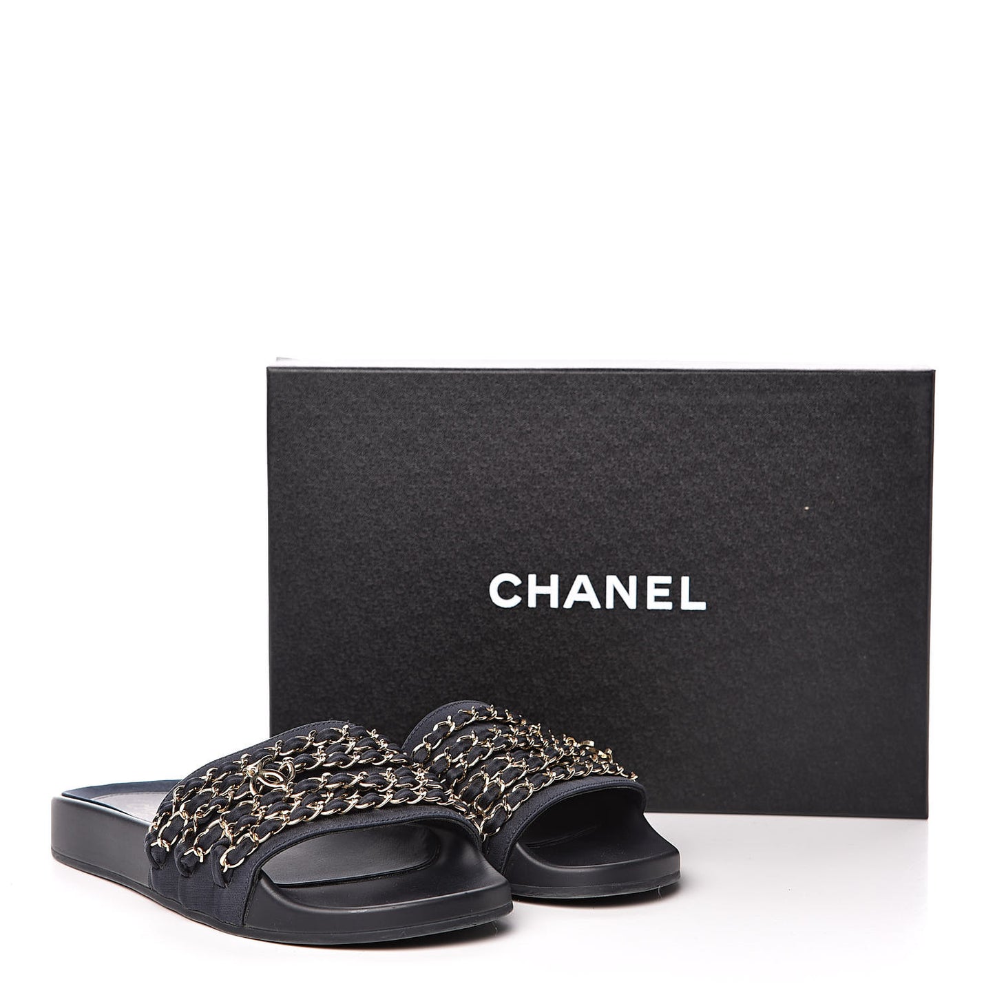 Satin Canvas Chain Flat Sandals 39 Marine