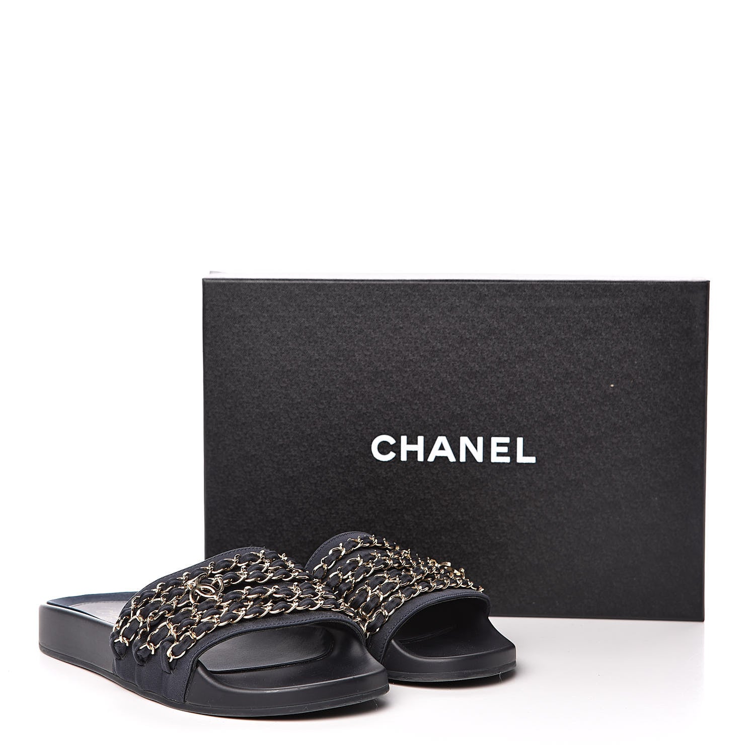 Chanel Satin Canvas Chain Flat Sandals 39 Marine 10 of 10