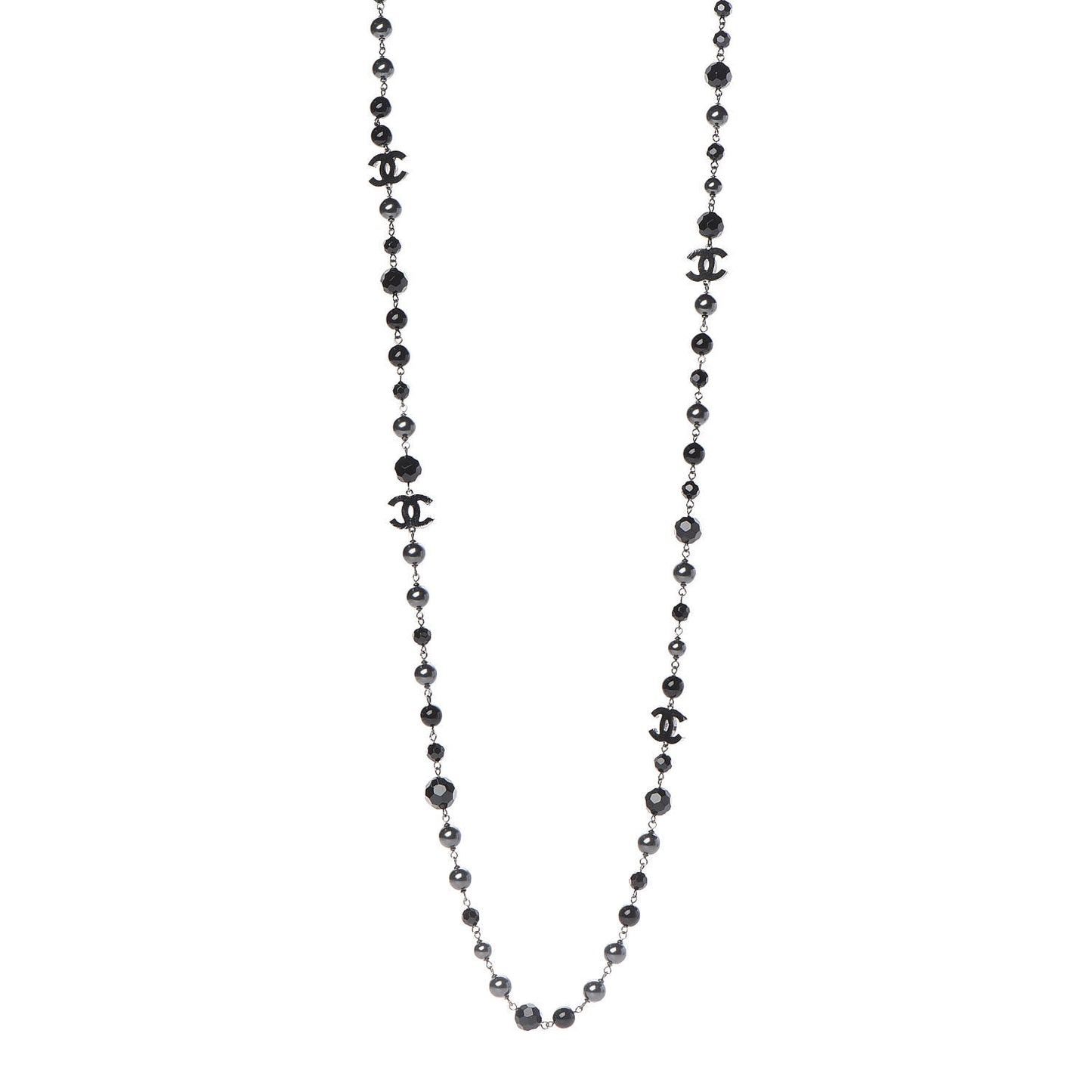 Ruthenium Pearl Beaded CC Long Necklace Black