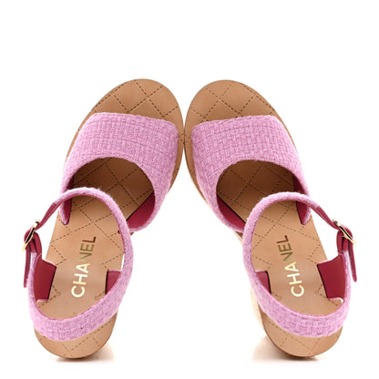 Chanel Tweed Cork CC Wedge Sandals 37.5 Pink 2 of 9