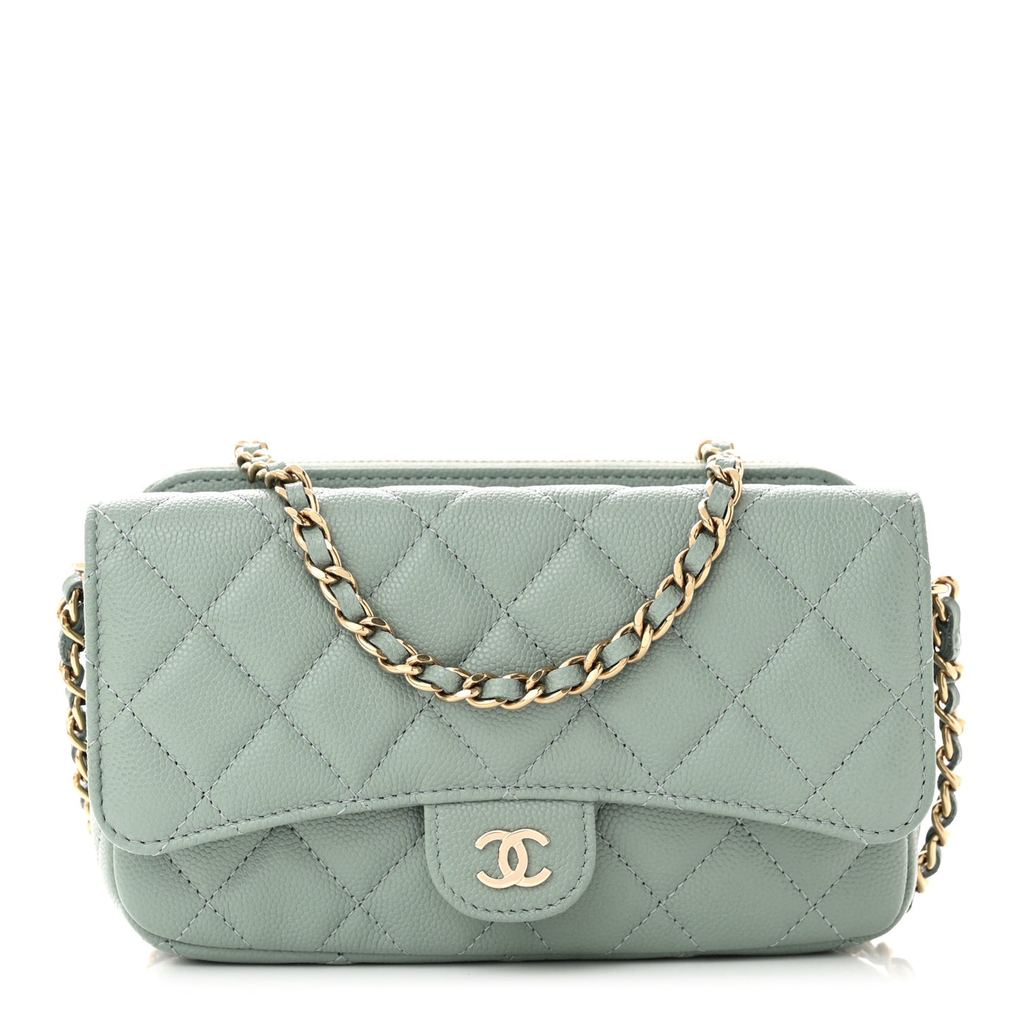 Caviar Quilted Flap Phone Holder With Chain Light Green