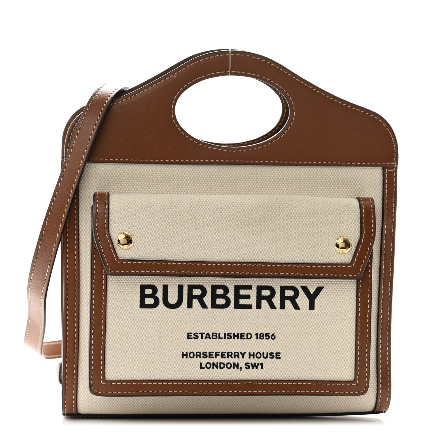 Burberry Canvas Smooth Calfskin Two Tone Mini Pocket Bag Natural Malt Brown 1 of 12