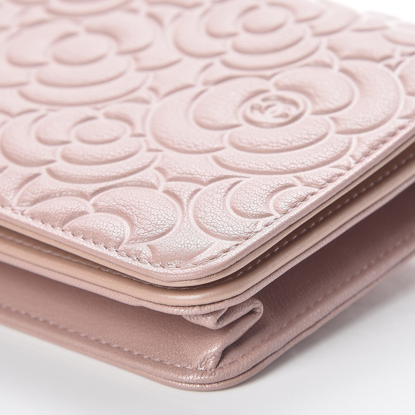 Goatskin Camellia Embossed Wallet On Chain WOC Light Pink