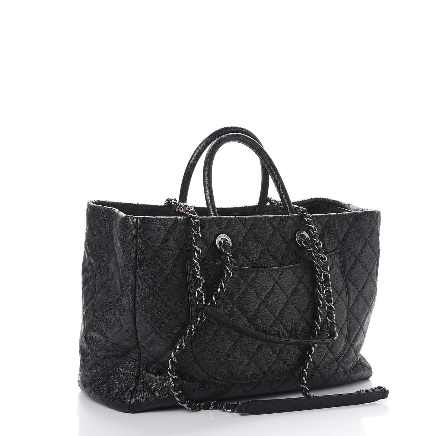 Caviar Quilted Large Coco Handle Shopping Tote Black