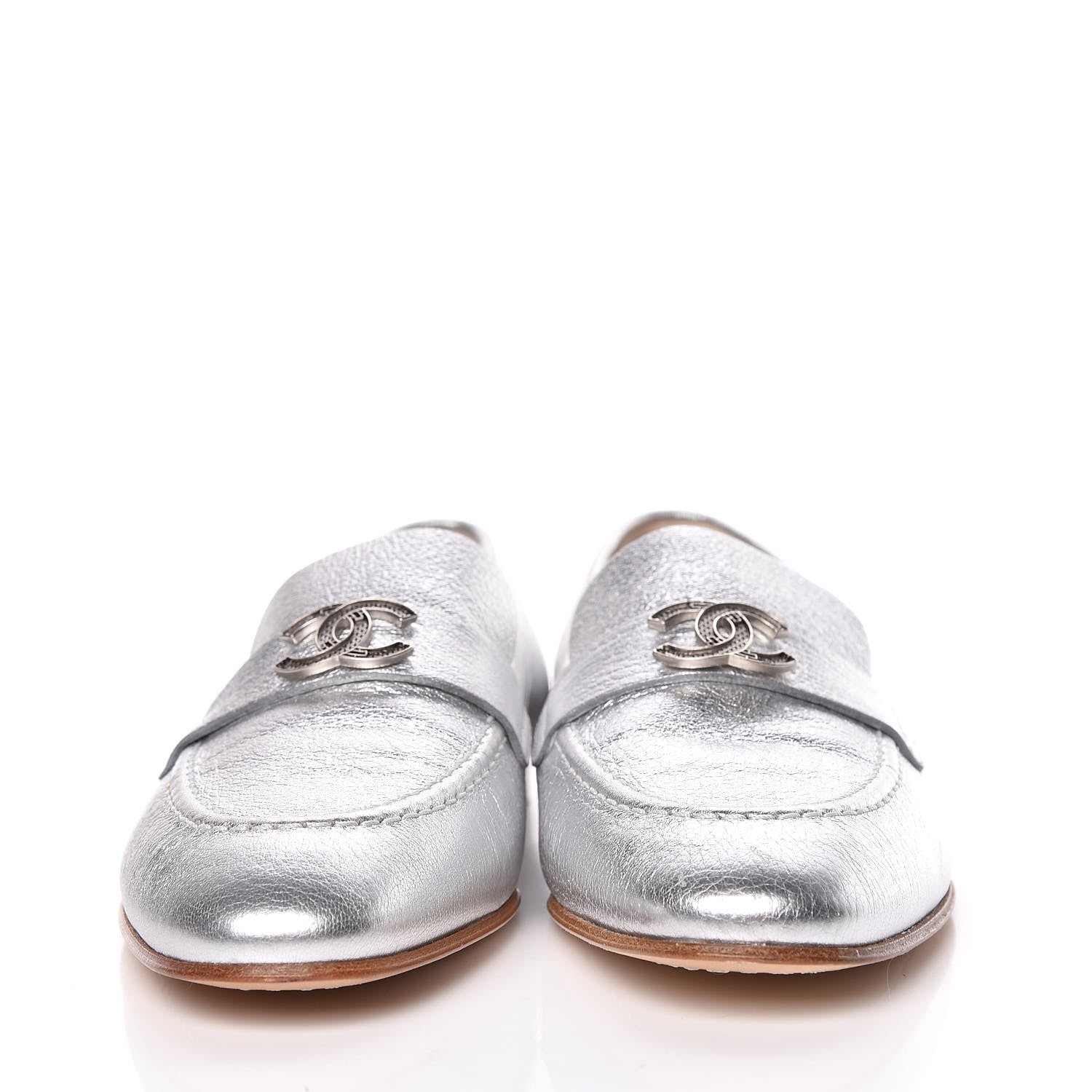 Chanel Crackled Goatskin Laminated CC Loafers 36.5 Silver 2 of 10