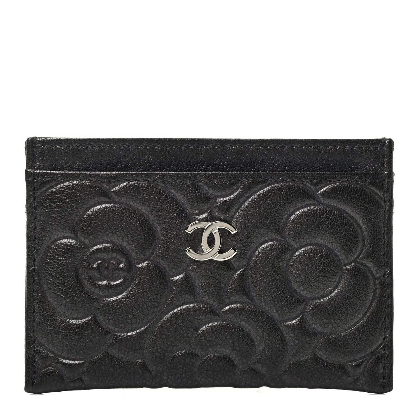 Goatskin Camellia Embossed Card Holder Wallet Grey