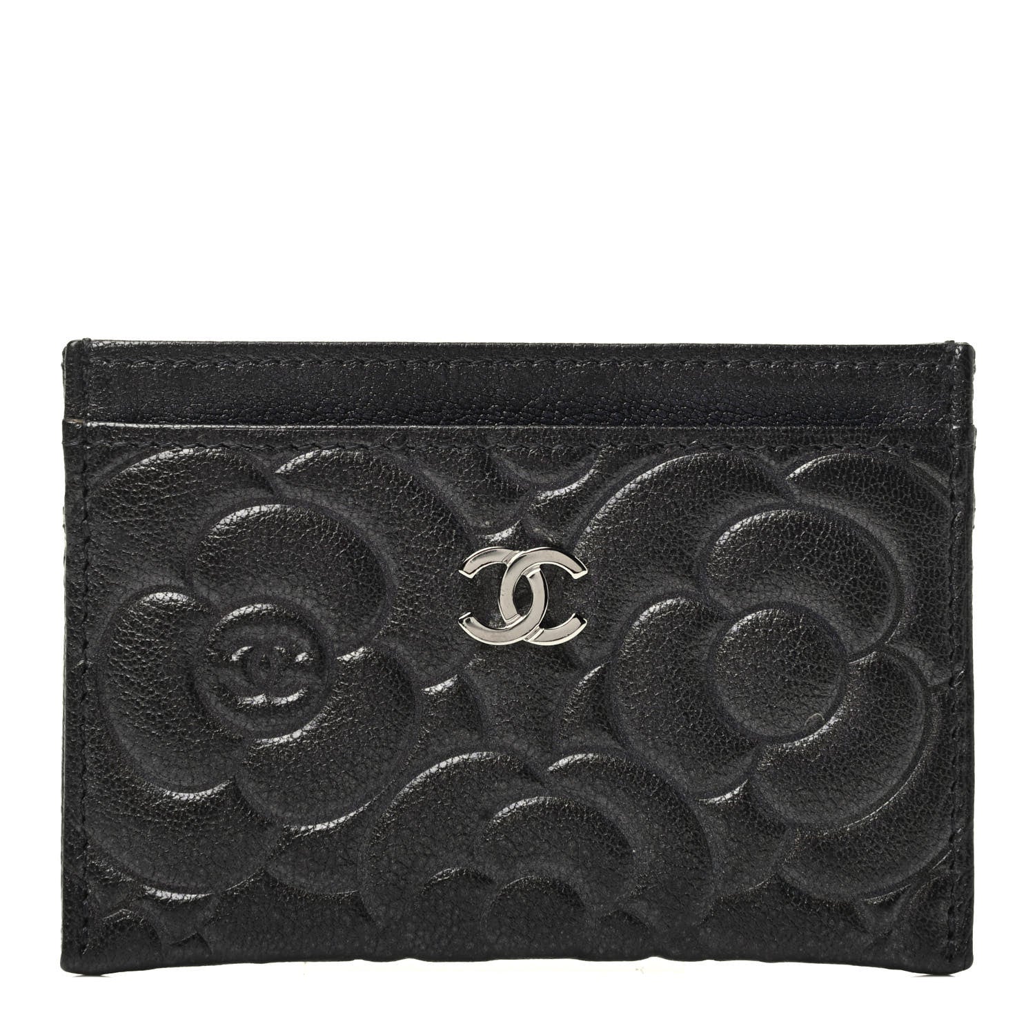 Chanel Goatskin Camellia Embossed Card Holder Wallet Grey 1 of 3