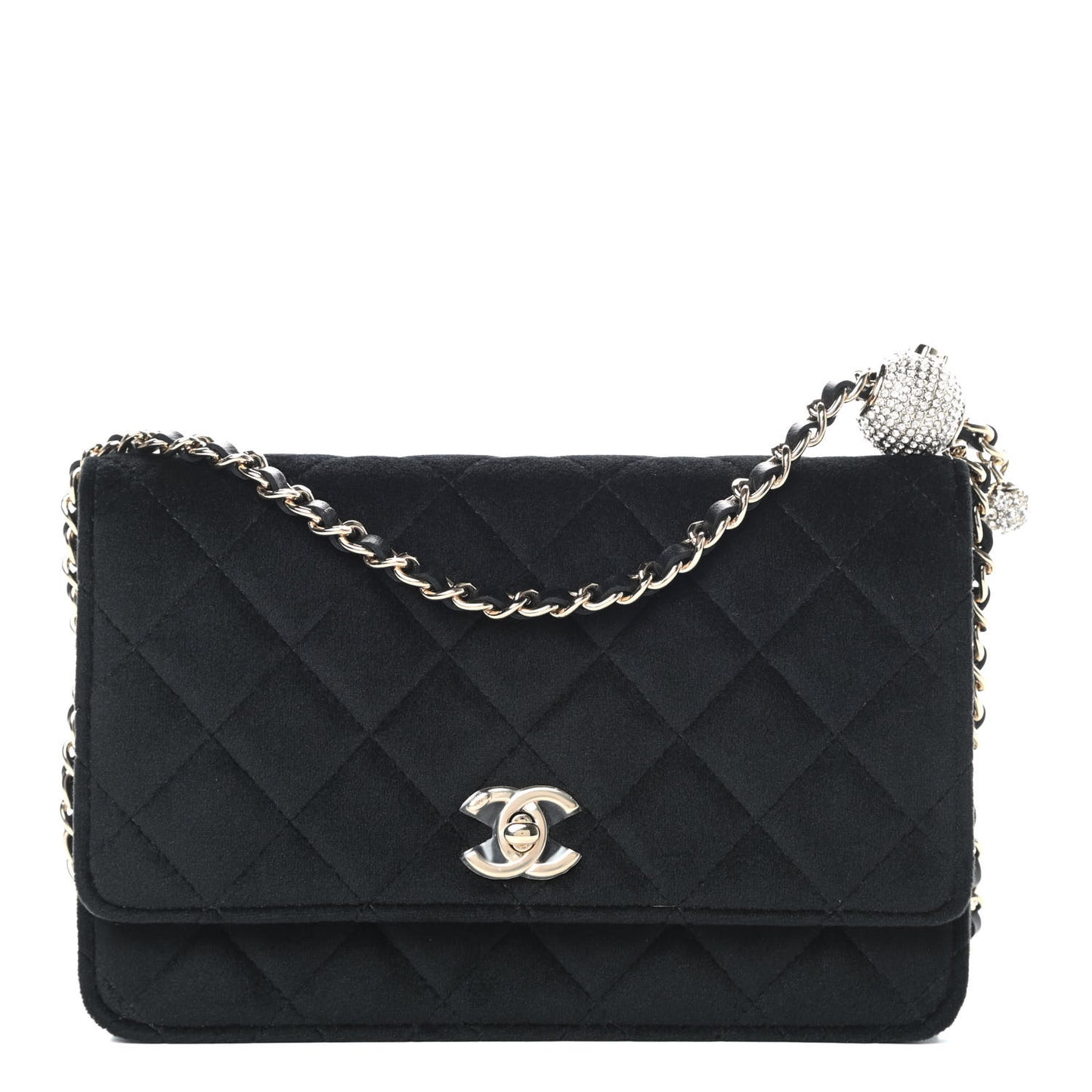 Velvet Quilted Pearl Crush Wallet On Chain WOC Black