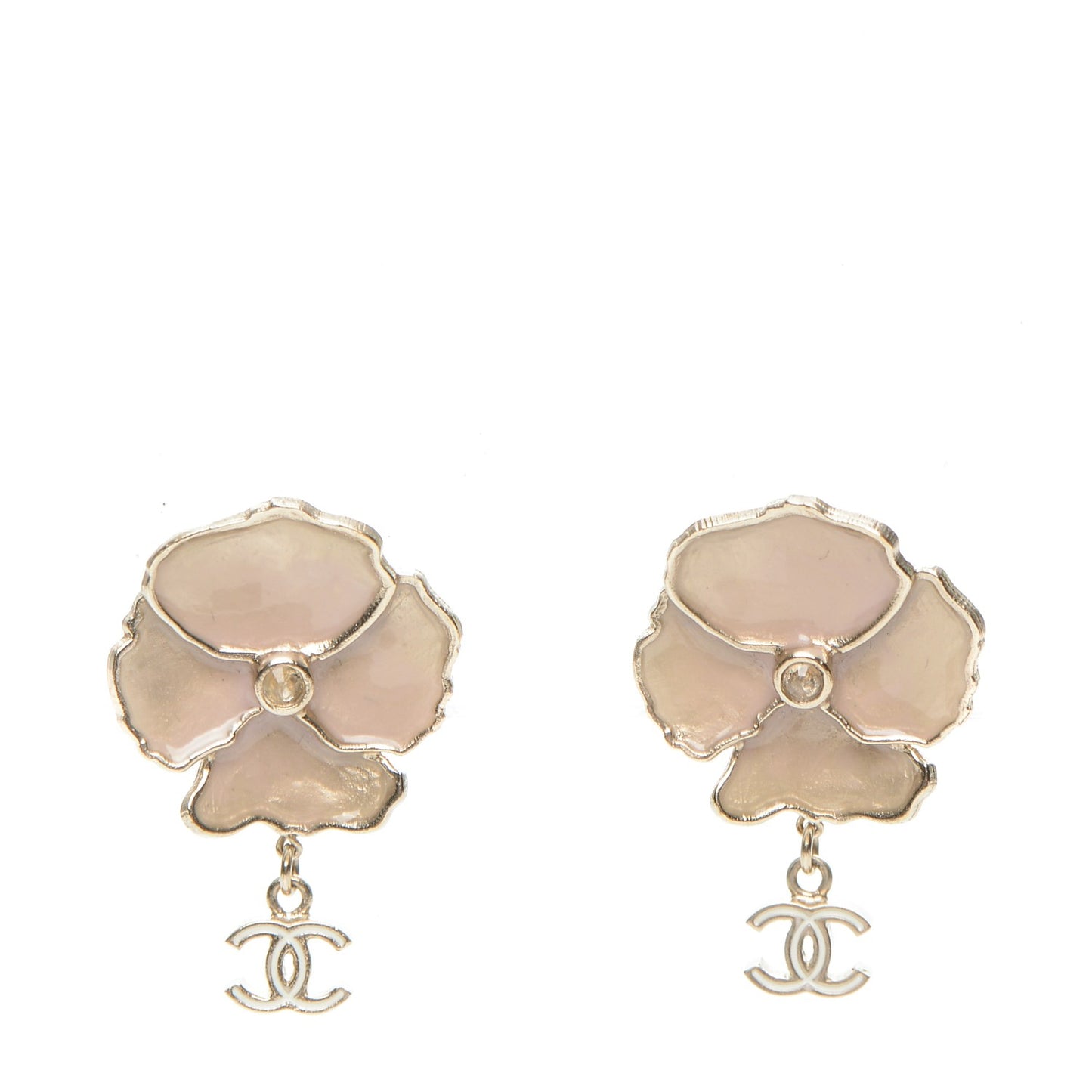 Enamel Crystal CC Camellia Drop Clip On Earrings Pink Gold