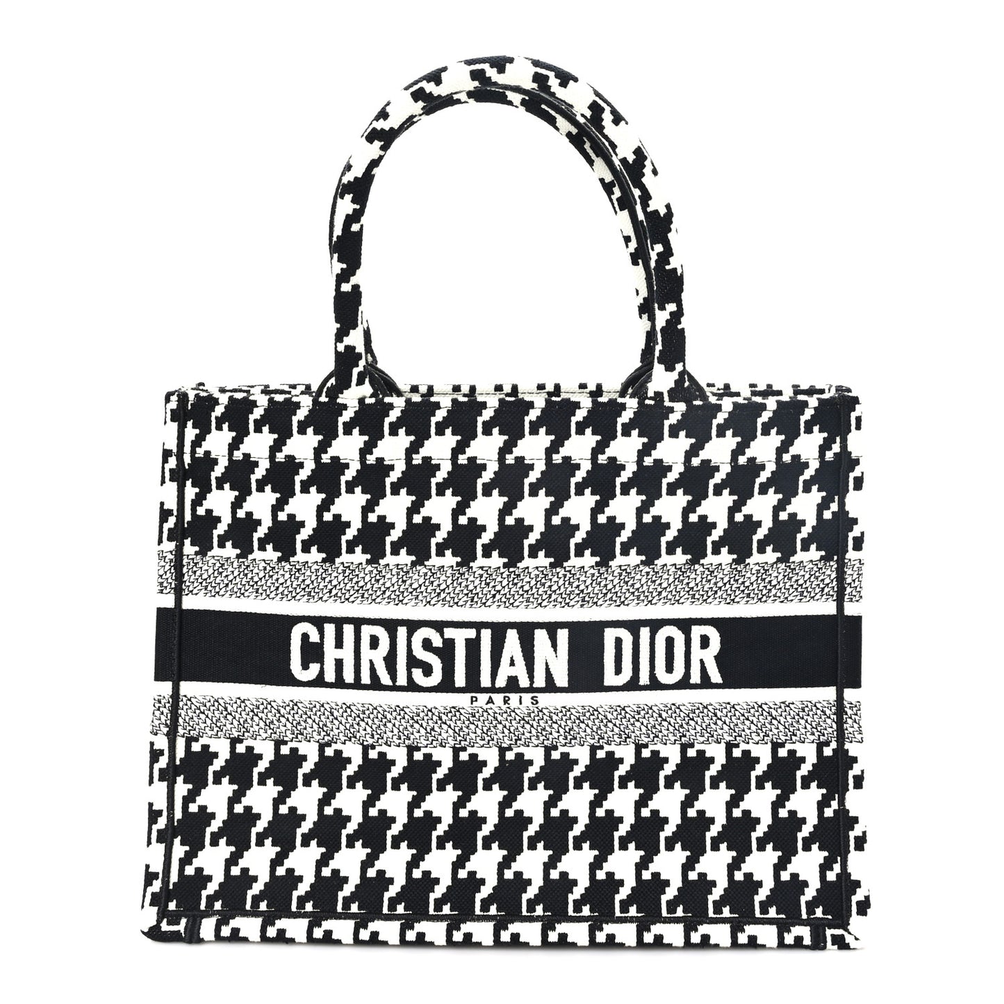 Canvas Macro Houndstooth Embroidered Medium Book Tote Black White