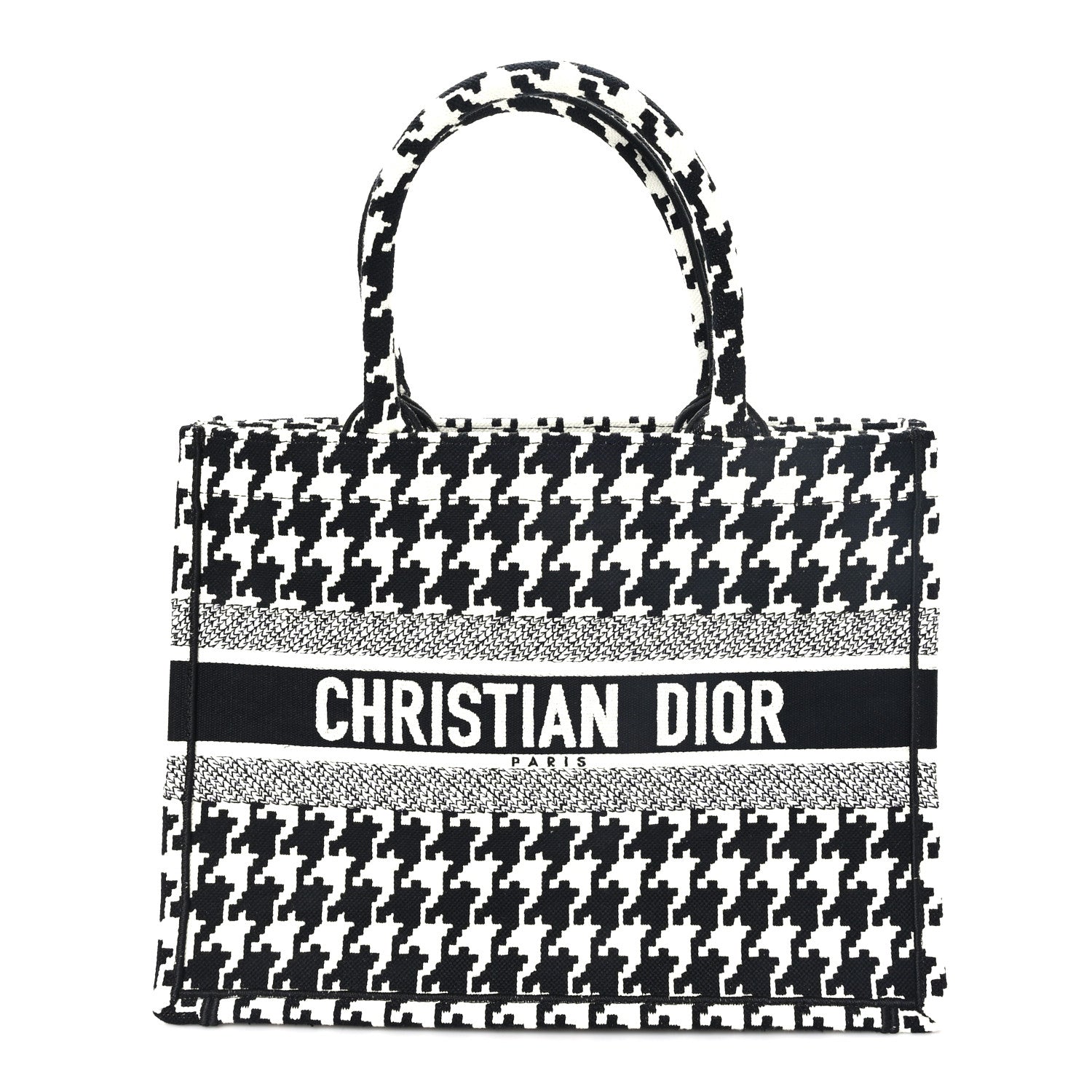 Christian Dior Canvas Macro Houndstooth Embroidered Medium Book Tote Black White 1 of 11