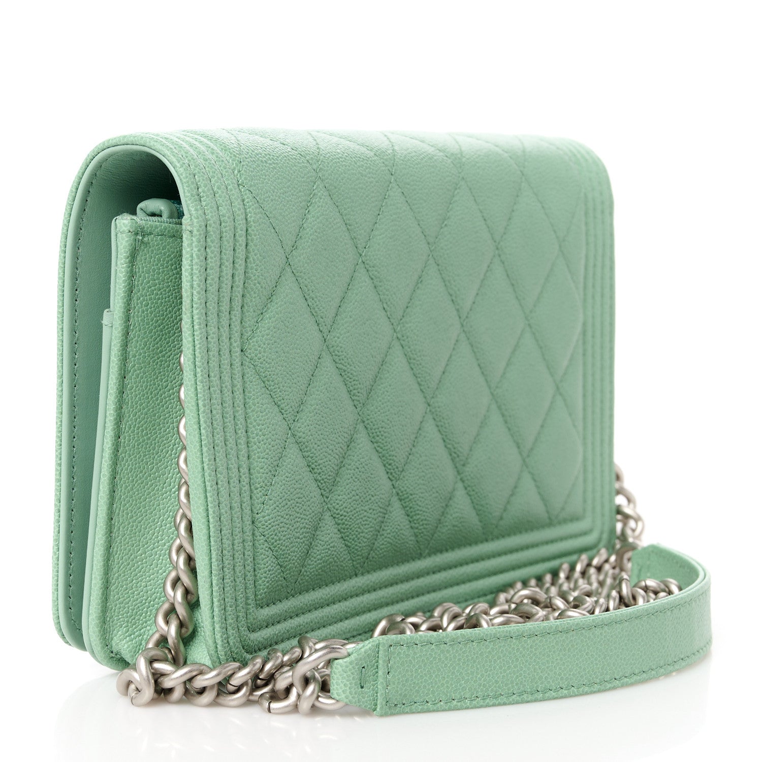 Chanel Caviar Quilted Boy Wallet On Chain WOC Light Green 3 of 12