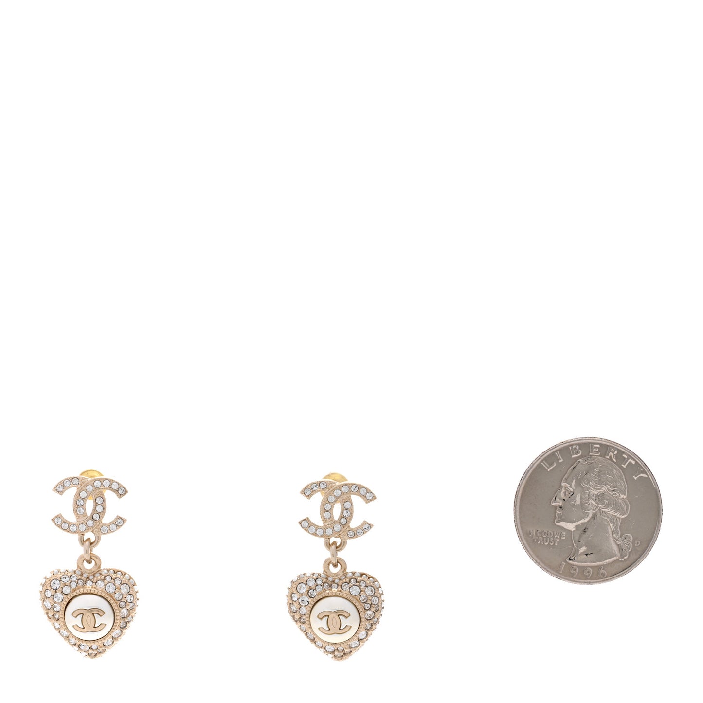 Pearl Crystal CC Heart Drop Earrings Gold White