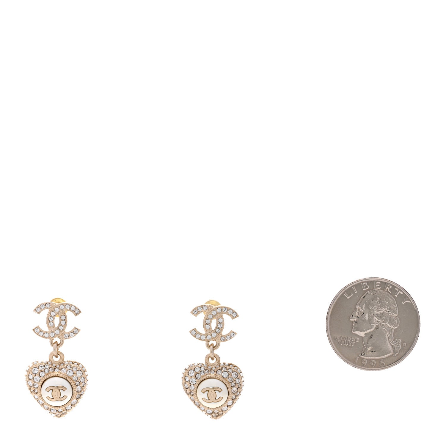 Chanel Pearl Crystal CC Heart Drop Earrings Gold White 2 of 5
