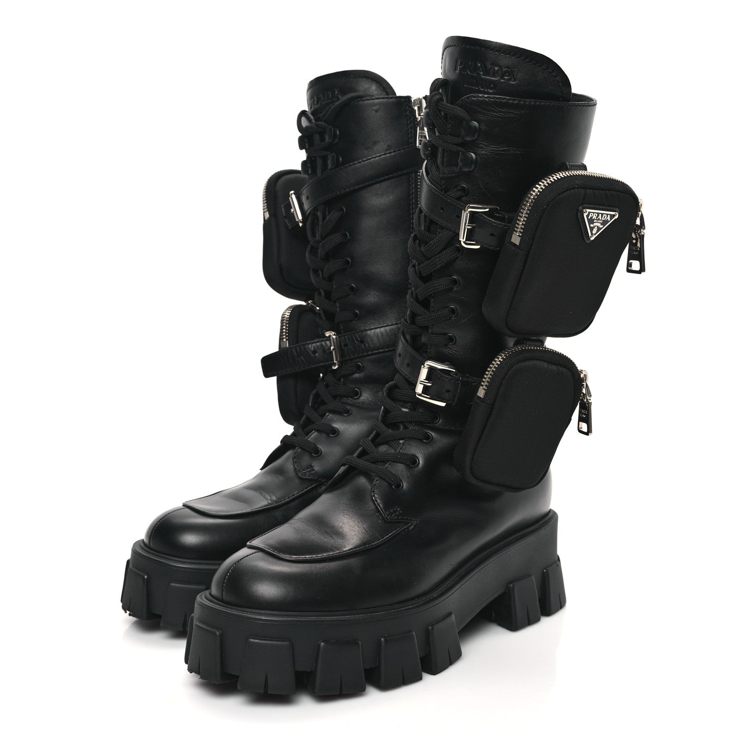 Prada Spazzolato Rois Re-Nylon Metal Triangle Logo Monolith Pouch Pocket 55mm Tall Combat Boots 40 Black 3 of 9