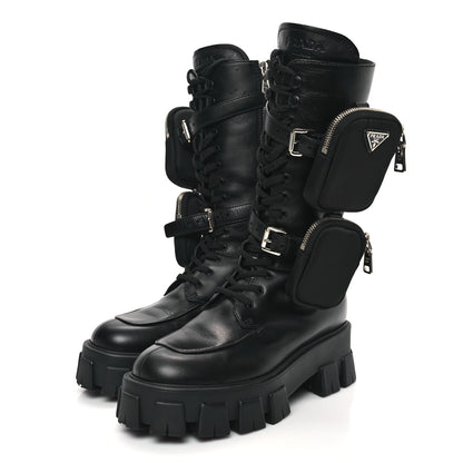 Prada Spazzolato Rois Re-Nylon Metal Triangle Logo Monolith Pouch Pocket 55mm Tall Combat Boots 40 Black 3 of 9