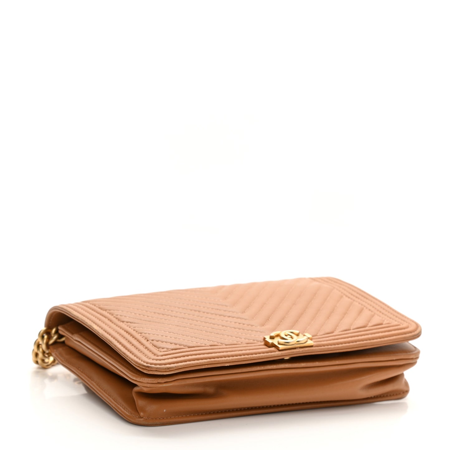 Lambskin Chevron Quilted Boy Wallet On Chain WOC Brown