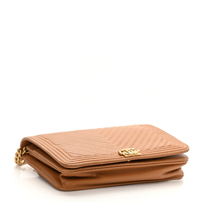 Chanel Lambskin Chevron Quilted Boy Wallet On Chain WOC Brown 4 of 12