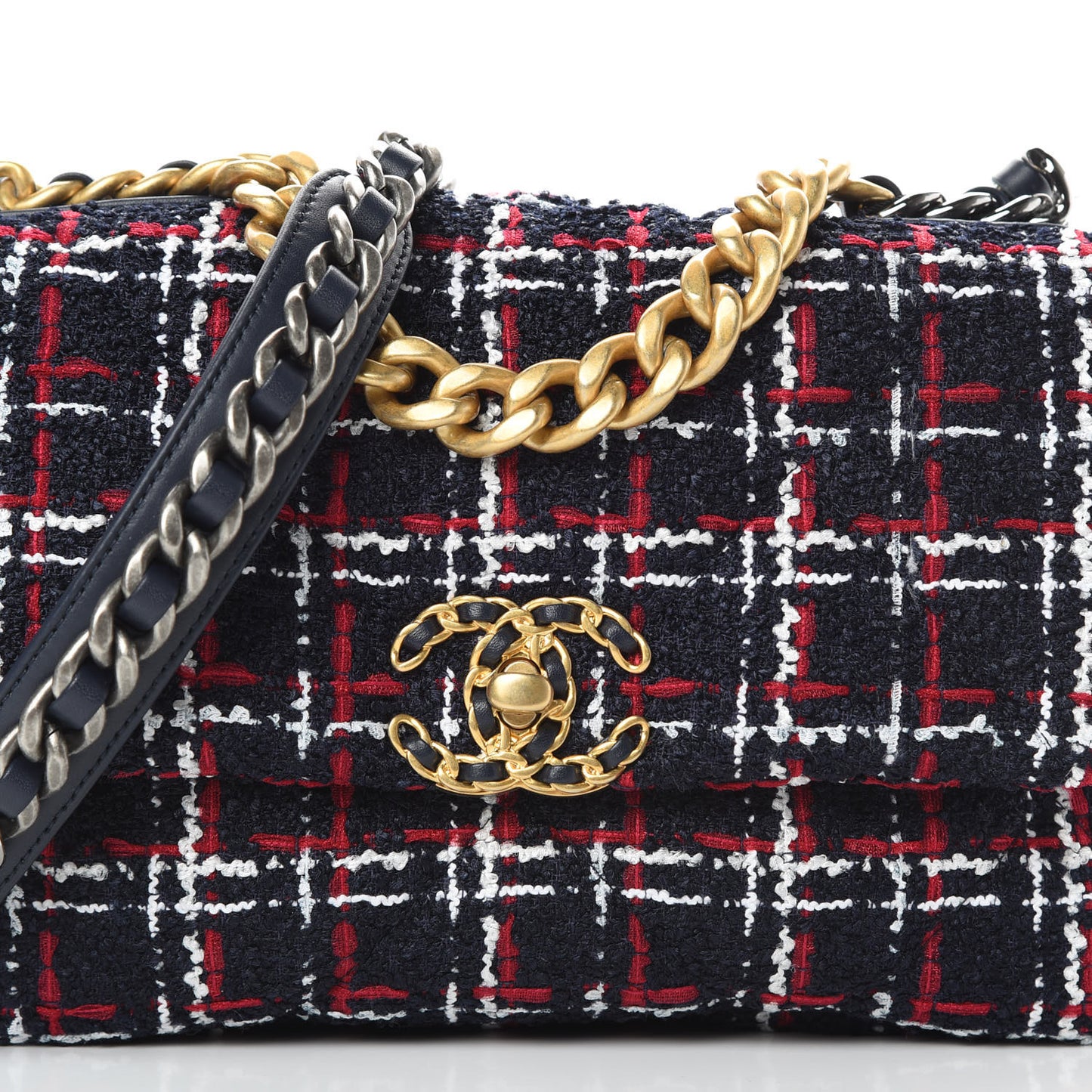 Tweed Quilted Medium 19 Flap Navy Blue White Red