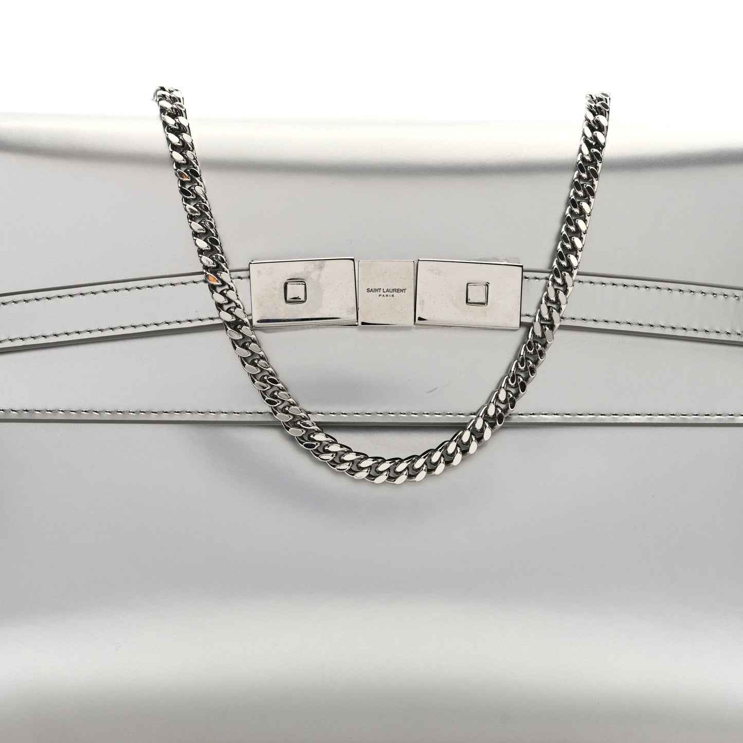Metallic Calfskin Manhattan Chain Clutch Metal Argento