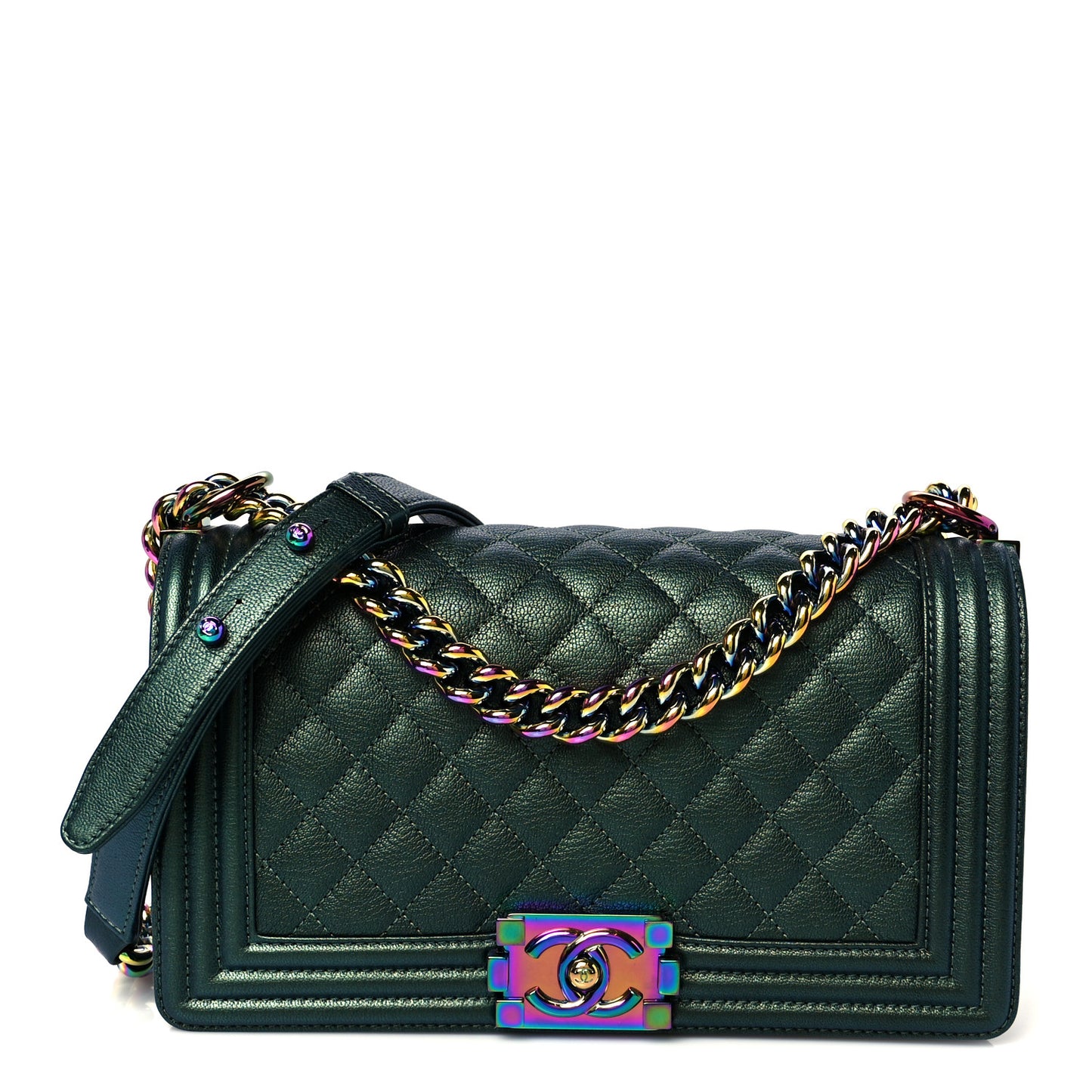 Iridescent Goatskin Quilted Medium Boy Flap Green