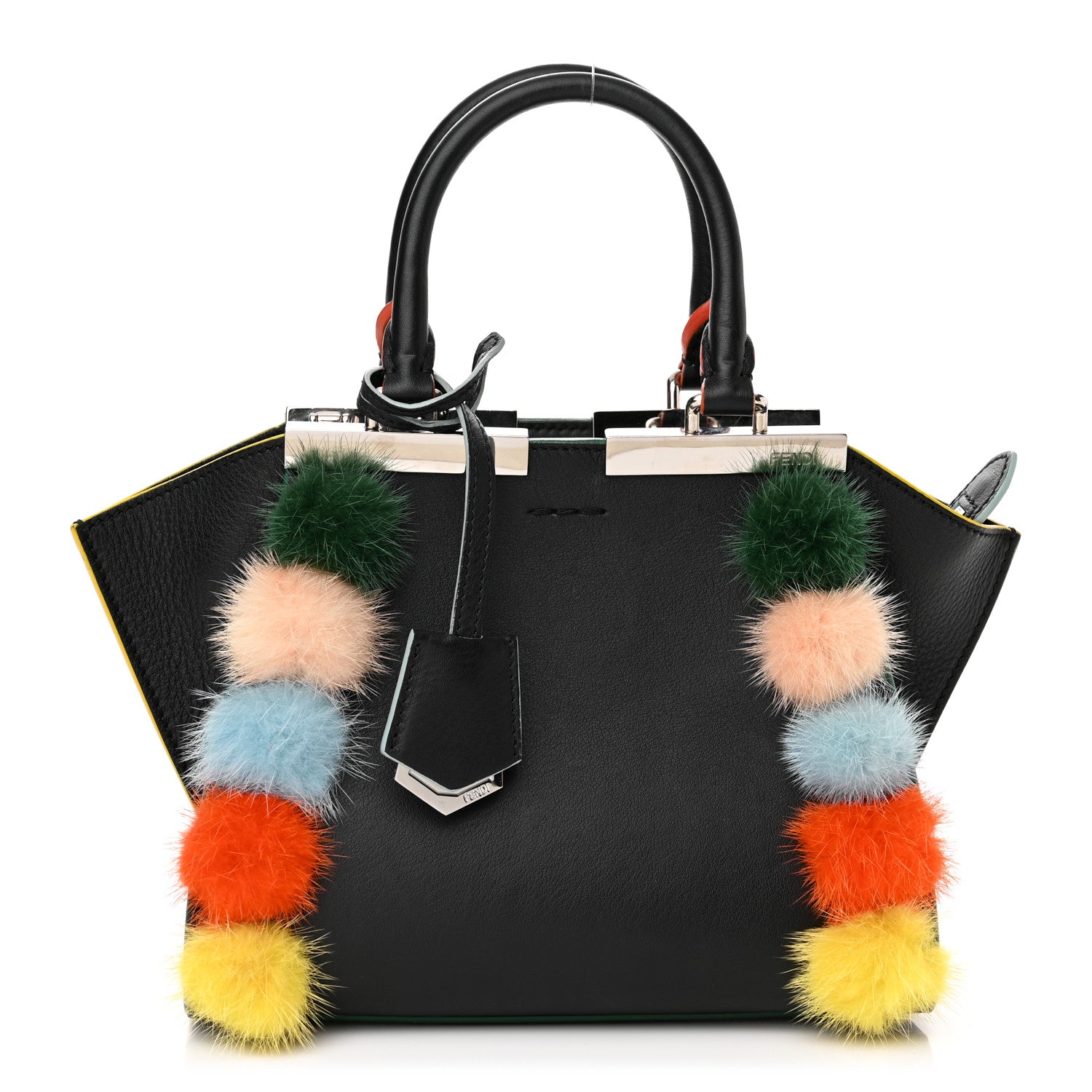 Fendi Vitello Dolce Mink Fur Pom Pom Mini 3jours Tote Black Multicolor 1 of 11
