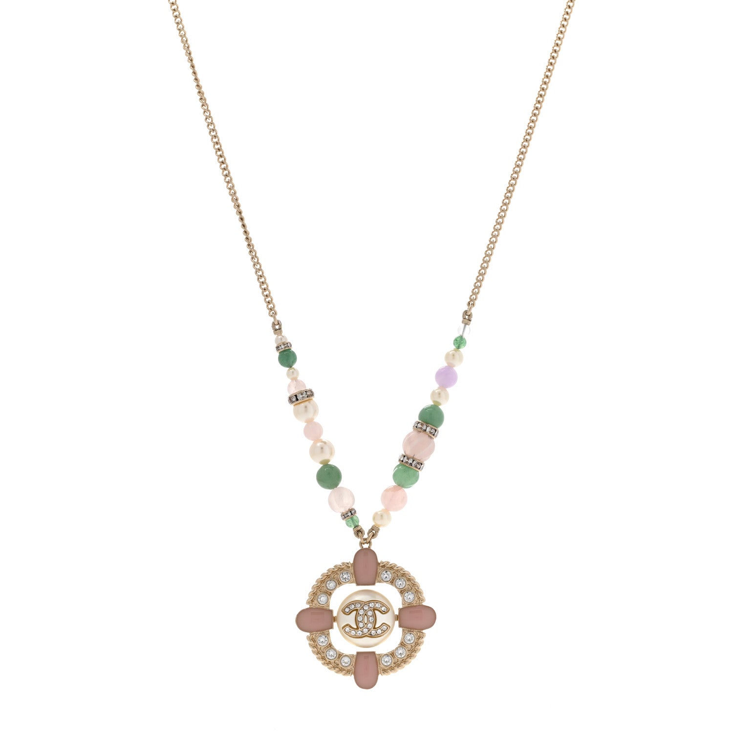 Chanel Crystal Resin Pearl Beaded CC Pendant Necklace Green White Pink 1 of 8
