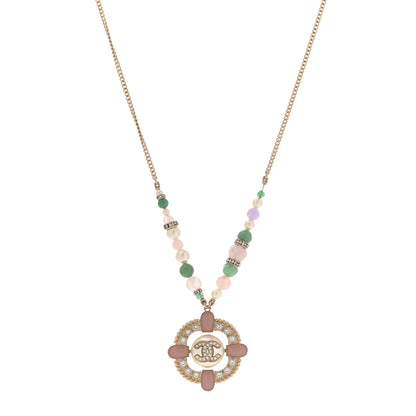 Chanel Crystal Resin Pearl Beaded CC Pendant Necklace Green White Pink 1 of 8