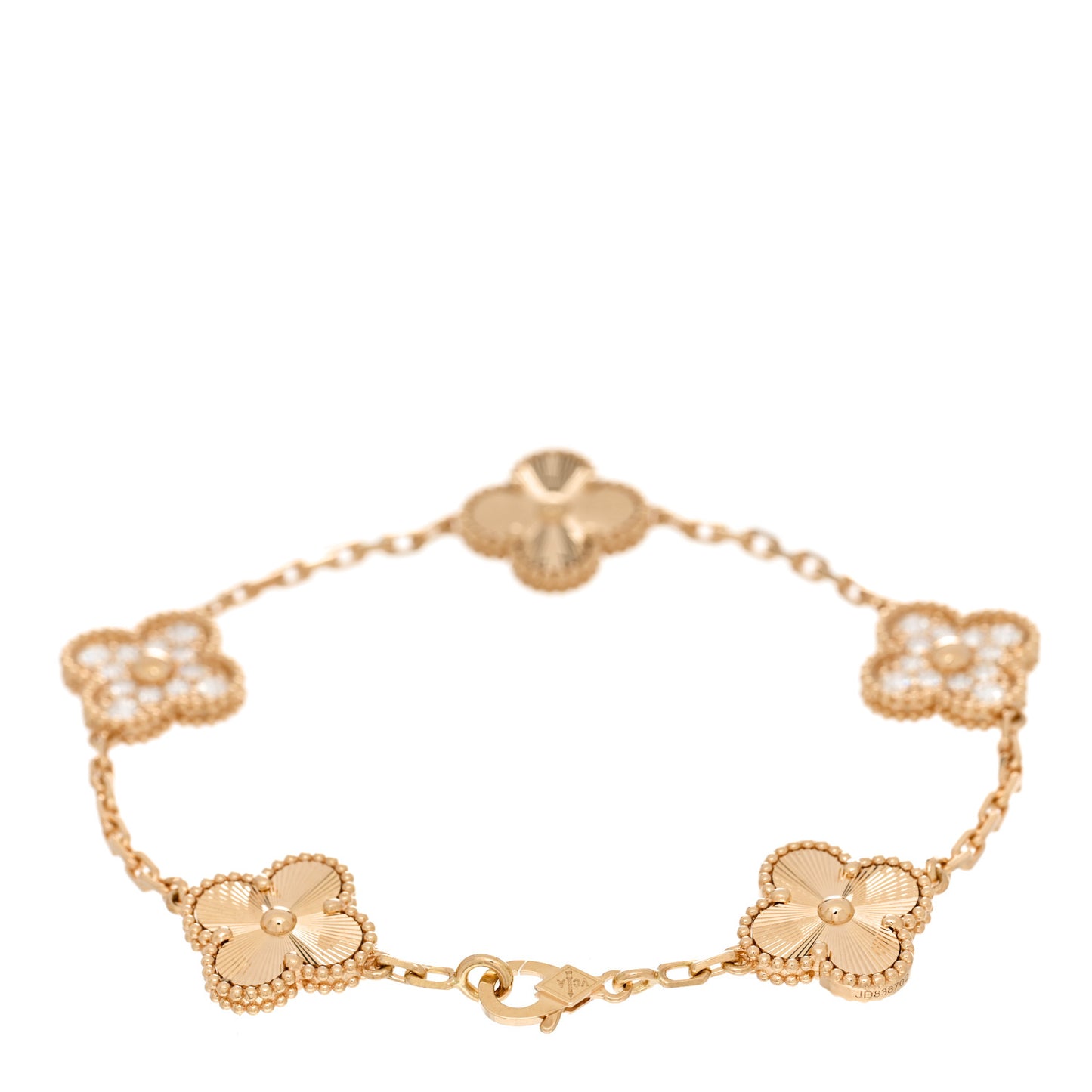 18K Yellow Gold Diamond 5 Motifs Guilloche Vintage Alhambra Bracelet