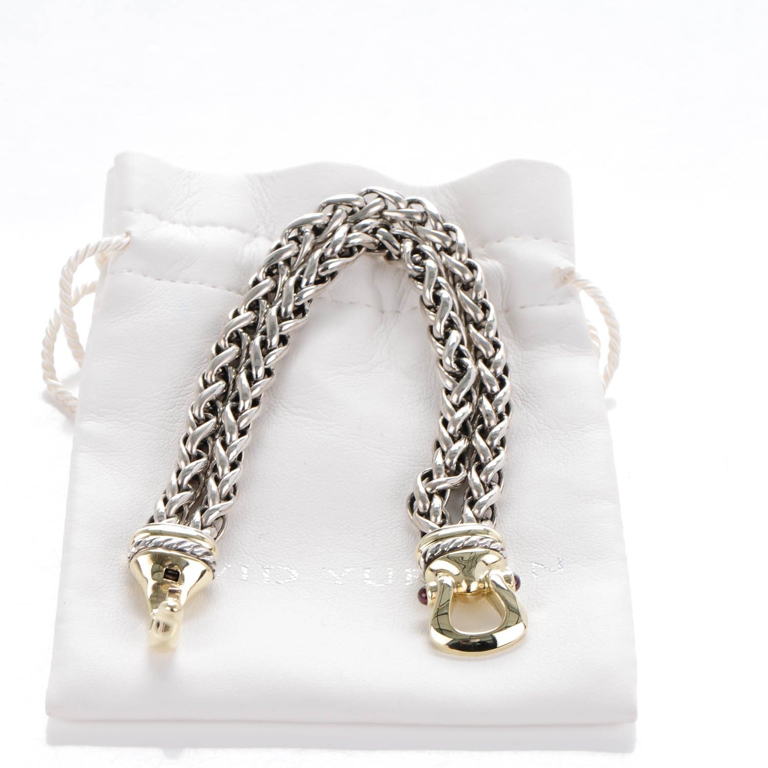 David Yurman Sterling Silver 14K Yellow Gold Red Tourmaline Double Wheat Buckle Bracelet 6 of 7
