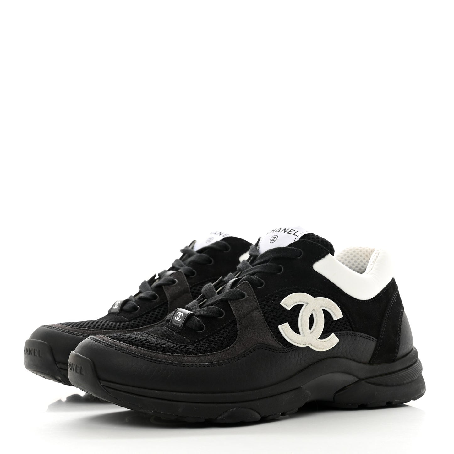 Mesh Suede Grained Calfskin Womens CC Sneakers 39.5 Black White