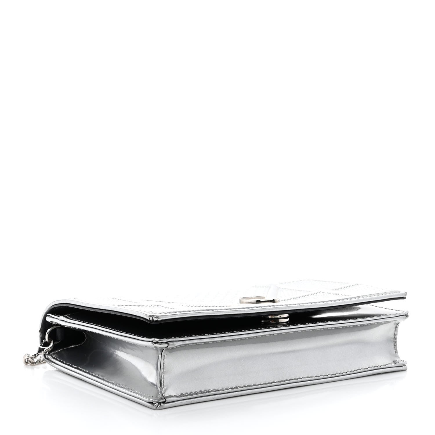Christian Dior Metallic Patent Micro-Cannage Diorama Wallet on Chain Pouch Silver 4 of 13